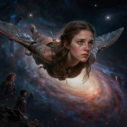 masterpiece concept art, a beautiful highly detailed sci - fi imogen poots templar fly near galaxies, extremely emotional, cinematic moody colors, realistic shaded lighting poster by ilya kuvshinov, magali villeneuve, artgerm, jeremy lipkin and michael garmash and rob rey