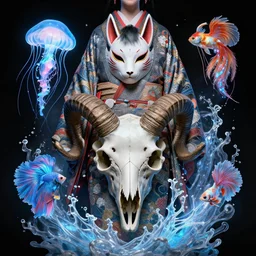 3 d goddess bottom - up with ram skull. beautiful intricately detailed japanese crow kitsune mask and clasical japanese kimono. betta fish, jellyfish phoenix, bio luminescent, plasma, ice, water, wind, creature, artwork by tooth wu and wlop and beeple and greg rutkowski