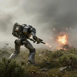 a robot warzone on shrubland garigue with thick fog, missles and explosions, matte painting, concept art, 4 k
