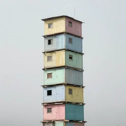 vertically stacked makeshift squatter shacks with pastel colours, plain uniform sky at the back, misty, mamiya, ultra sharp, very detailed, photographed by alejandro jodorowsky