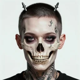 beautiful portrait goth boy, face tattoo scull, big eyes, bolt head, sharp focus, smooth, digital illustration, by mcbess, dore, symmetry