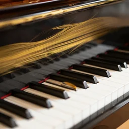 grand piano with golden keys and golden stripes