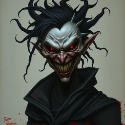dark portrait painting of tracer from overwatch, in style of zdzisław beksinski, scary, horror, overwatch tracer character, evil grin, detailed face, dressed in dark garment, black tendrils, tall,