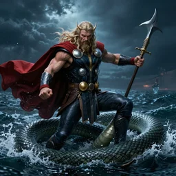 Thor fighting Jormungandr the world serpent in the sea in night, neo-romanticism, norse mythology, very detailed