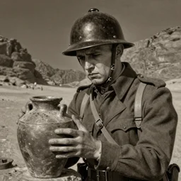 a detailed photorealistic sepia - toned color portrait painting of a 1 9 1 7 worried clean - shaven british lieutenant in detailed field gear wearing a finely - detailed pith helmet in wadi rum examining an ancient cylindrical clay jar, ultra realistic, intricate details, atmospheric, dark, horror, brooding, highly detailed, by clyde caldwell