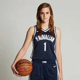 Emma Watson as a tall NBA player, holding a ball, candid portrait photography by Annie Leibovitz
