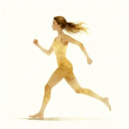 beautiful serene running woman, healing through motion, life, minimalistic golden and ink airbrush painting on white background, pristine