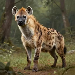photo of a humanoid hyena were a dress in the forest, highly detailed, digital painting, artstation, smooth, sharp focus, illustration, art by artgerm and greg rutkowski and alphonse mucha