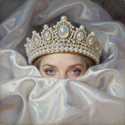 a beautiful detailed painting of a singular pearl tiara, shining its iridescent pearlescence across a tumultuous luxury of iridescent satin luminescent folds, striking eyes directed gaze by greg rutkowski and thomas kinkade, trending on artstation.