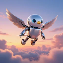 a robot house martin flying in the sky, sunset, mechanical cute bird, shiny, fluffy clouds, beautiful digital art, pixiv
