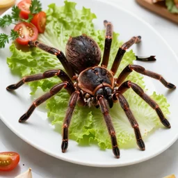 food photography of a buffet of giant spider with lettuce tomatoes garlic coriander