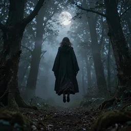 a lady in a dark cloak suspended in mid air, seen from behind, ancient forest, mist, moonlight, 35mm, photorealistic, realistic, deviantart, gloomy atmosphere, high definition