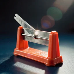 vintage analog product photography of a plastic guillotine, sharp blade, 70s colors, studio lighting, film grain, lensflare, color bleed, glare