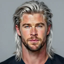 a portrait of silver - haired chris hemsworth long hair, clean - shaven vivid colors, photorealistic painting by mandy jurgens, trending on artstation, photorealism, detailed painting, behance hd, hyper realism