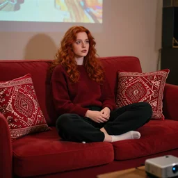 photograph of red hair girl with a dark red sweater and black sweat pants sitting comfortable in a red persian sofa with red persian pillows, projector in the room with a movie, warm lighthing, digital art