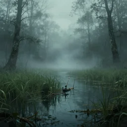 concept, artistic swamp with mystic fog, fishing rode, from horror movies, art station, mysterious, masterpiece
