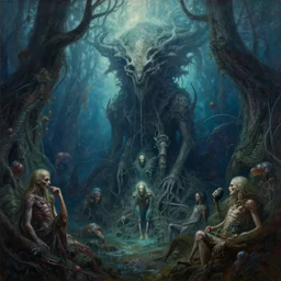 a cinematic masterpiece painting of gothic exotic alien mystical underwater forest of despair and misery, by Andreas Achenbach, by Wayne Barlowe, by Alex Grey, by Marc Simonetti, by Tim Hildebrandt, by Bruce Pennington, by Zdzisław Beksiński, by Paul Lehr, oil on canvas, masterpiece, trending on artstation, featured on pixiv, cinematic composition, beautiful lighting, sharp, details, hyper-detailed, no frames, HD, HDR, 4K, 8K