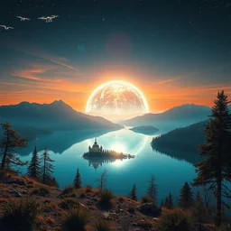 8 k octane photo planet crystal, hill by a lake with a spaceship solarpunk, drone birds in the sky