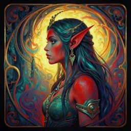 side profile centered painted portrait, female orc forest druid, red teal skin, d & d, gloomhaven, matte painting concept art, art nouveau, beautifully backlit, swirly vibrant color lines, fantastically gaudy, aesthetic octane render, 8 k hd resolution, by ilya kuvshinov and cushart krentz and gilleard james