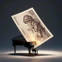 a realistic detailed card floating in the air, light particles, piano floating in the sky, light around the piano, shadow of a man playing piano, cinematic photo, realistic, detailed