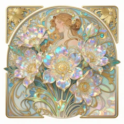 rococo and art nouveau fusion, iridescent diaphanous refractive and reflective flower bouquet, fantasy, intricate, elegant, highly detailed, digital painting, artstation, concept art, matte, sharp focus, illustration, hearthstone, art by artgerm and greg rutkowski and alphonse mucha