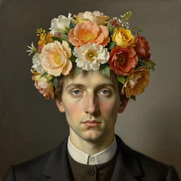 portrait of a man, beautiful flowers replaced his head, by rene magritte, detailed painting, hd, hq, high resolution, high detail, 4 k, 8 k