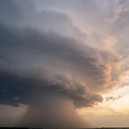 a photo of a supercell thunderstorm, illuminated from various angles by the setting sun, cinematic, mystic hue, breathtaking clouds