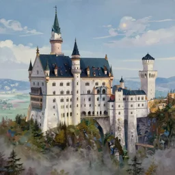 highly detailed fantasy art, scene of natural innate artstation style, artstation form,  castle neuschwanstein floating in the sky, surrounded by clouds, surreal dreamscape, painting by paul lehr and mark Keathley