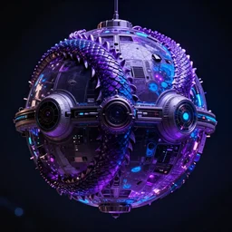 a photo of 8k ultra realistic sphere spaceship covered in gigantic dragon scales, purple and blue neon, cinematic lighting, trending on artstation, 4k, hyperrealistic, focused, extreme details, unreal engine 5, cinematic, masterpiece