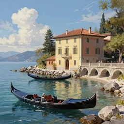 italian building with gondola boats on rocky shoreline of lake tahoe low tide low water level and a roman style bridge, digital painting, high quality, dreamlike, volumetric lighting, trending on artstation
