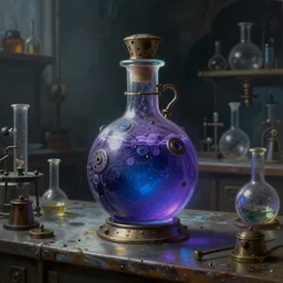 a painting of a steampunk purple blue colored potion bottle on a counter in a dark dusty vintage science lab, by h. r. giger, hyperrealistic fantasy art, concept matte, ethereal, dreamy, digital art, trending on artstation, volumetric cinematic lighting