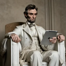 historical photo of abraham lincoln sitting in an armchair with an exasperated expression while looking at an ipad