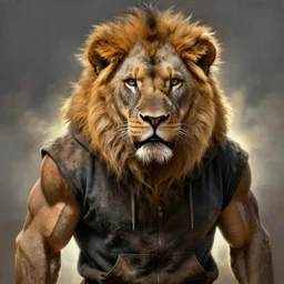 high detail backlit cinematic oil painting close up portrait , epic pose muscular oversized lion is wearing dirty hoodie