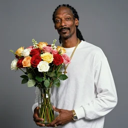 Snoop Dogg holding a Vase of flowers for a 1990s sitcom tv show, Studio Photograph, portrait, C 9.0