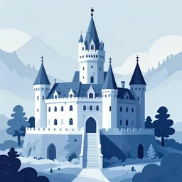 fairy tale fantasy land, bled castle in slovenia, blue color scheme, by alphonse mucha and hayao miyazaki