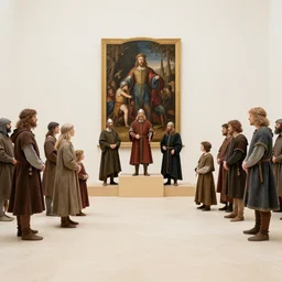 medieval peasants on family feud game show, face off podium, renaissance painting, wide angle, set photo