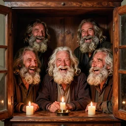 a widescreen colorchrome photo of a cabinet full with old laughing happy old men with long hair, long beards, candle light, by steve mccurry
