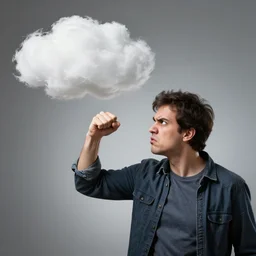 an angry artist shaking his fist at a cloud. stock photo.