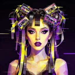 portrait of a lowpoly fractal rave girl with musicassette ribbon hair, glitch art by kurt schwitters james jean liam brazier victo ngai tristan eaton, yellow violet black