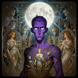 Cartoon man with purple skin and white eyes in a realistic setting, masterpiece, cinematic, powerful, moon beams dramatic light, highly, intricate elements, hollow souls, detailed, digital painting, artstation, concept art, sharp focus, contrasty, illustration, art by artgerm and greg rutkowski and alphonse mucha, mitch foust, elaborate composition, intricate story