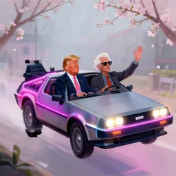 donald trump and doc emmett brown in a flying delorean, neon lights, illustration, rim light, top light, perfectly shaded, spring time, slight overcast lighting, soft painting, art by krenz cushart and wenjun lin