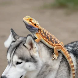 bearded dragon on the back of a siberian husky, photorealistic