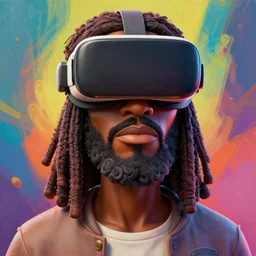 stylish caricature 3 d vfx - drew struzan movie poster - art of an african jesus wearing vr goggles, art style by james jean & hsiao - ron cheng, unreal engine render, digital illustration, sharp, intricate detail, volumetric lighting, ray tracing, soft light, colourful, claymation style, ernie barnes style, symmetry, acrylic on canvas, pinterest, artstation,