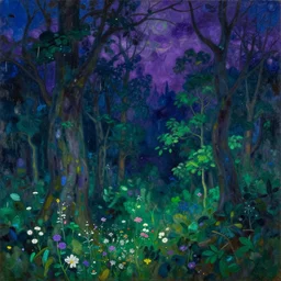 painterly dreamy background with trees, flowers and mihnight sky, deep blue, violet and emerald-green colors by Mikhail Vrubel, dark fantasy, witcher 3, oil painting, masterpiece