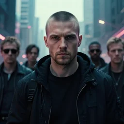 buzzcut russian man wearing black hoodie, stubble, gang in background, bladerunner 2 0 4 9, city, cinematic, film still