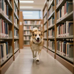 running dog in a library, sigma 2 4 mm f / 8 1 / 1 0 0 0 sec. shutter