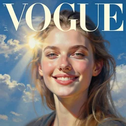 sci - fi, morning, smiling fashion model face, sun, cinematic, clouds, sun rays, vogue cover style, poster art, blue mood, realistic painting, intricate oil painting, high detail illustration, figurative art, multiple exposure, poster art