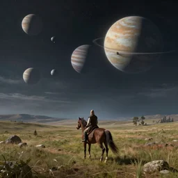 a view of planets in the sky from horseback, medieval fantasy, digital art, extreme detail