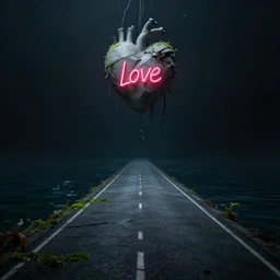 the long and empty lonely road to nowhere | A vain attempt to escape the inky depths of the abyss of darkness, drowning in tentacles, losing air | A concrete heart marked with neon love is suspended over stilled waters in an abysmal dark void, realistic, artstation, moody, algae in the gloom, shattered hope sinking