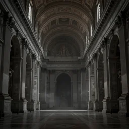 vast halls within the vatican, symmetrical, monolithic, baroque, gothic, grim dark, film noir, stippled light, dramatic lighting, fog, editorial illustration, detailed, fine texture, matte painting, concept art, artstation